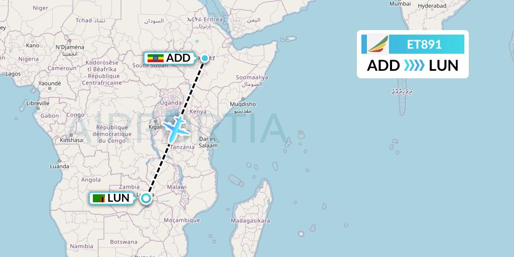 ET891 Ethiopian Airlines Flight Map: Addis Ababa to Lusaka