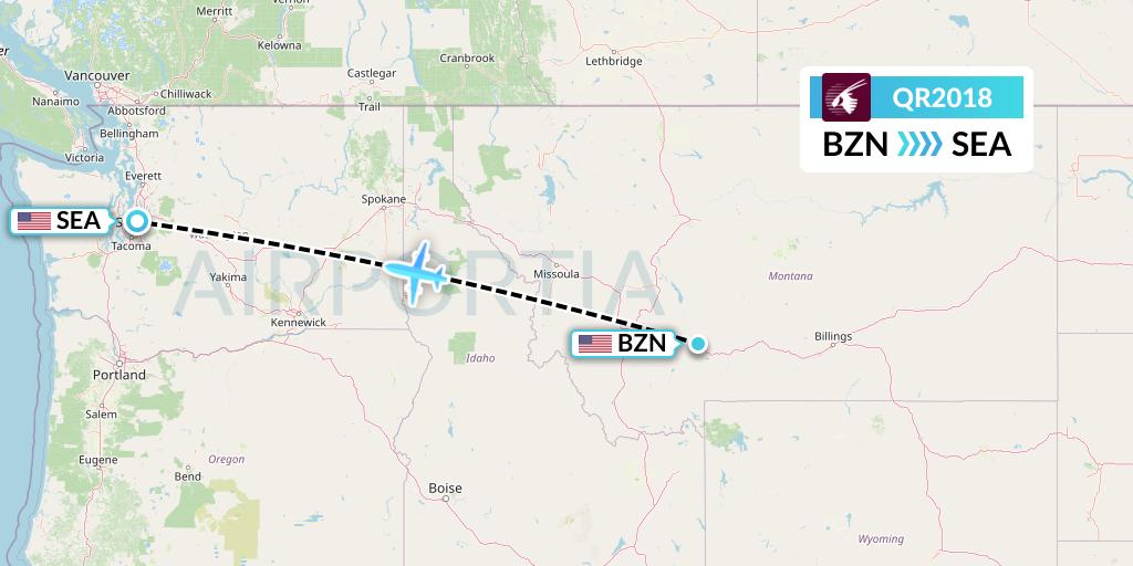 QR2018 Qatar Airways Flight Map: Bozeman to Seattle
