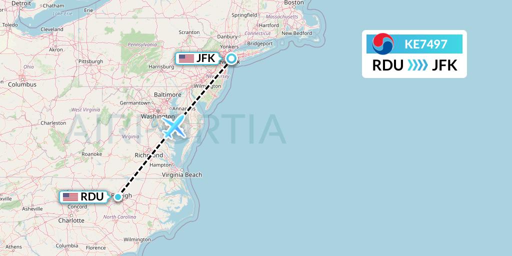 KE7497 Korean Air Flight Map: Raleigh-Durham to New York