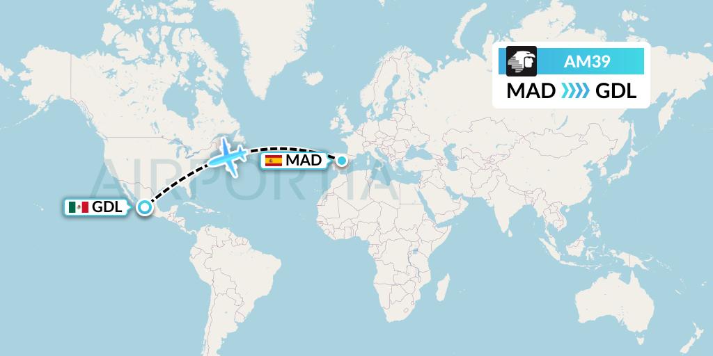 AM39 Aeromexico Flight Map: Madrid to Guadalajara