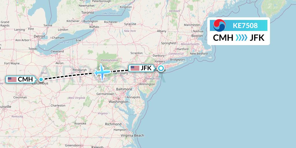 KE7508 Korean Air Flight Map: Columbus to New York