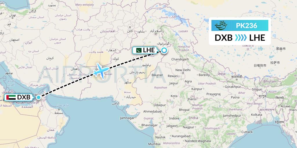 PK236 Pakistan International Airlines Flight Map: Dubai to Lahore