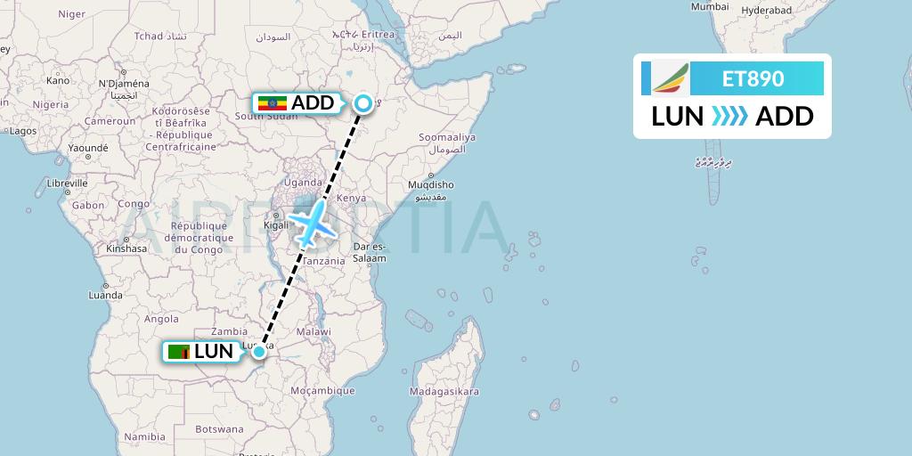 ET890 Ethiopian Airlines Flight Map: Lusaka to Addis Ababa