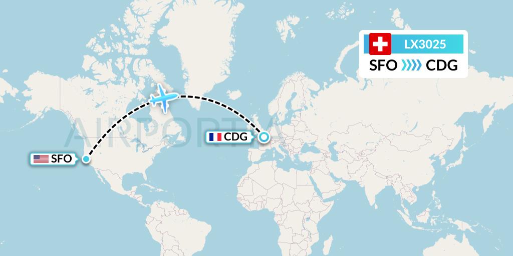LX3025 Swiss Flight Map: San Francisco to Paris