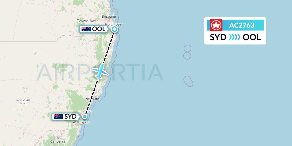AC2763 Air Canada Flight Map: Sydney to Gold Coast