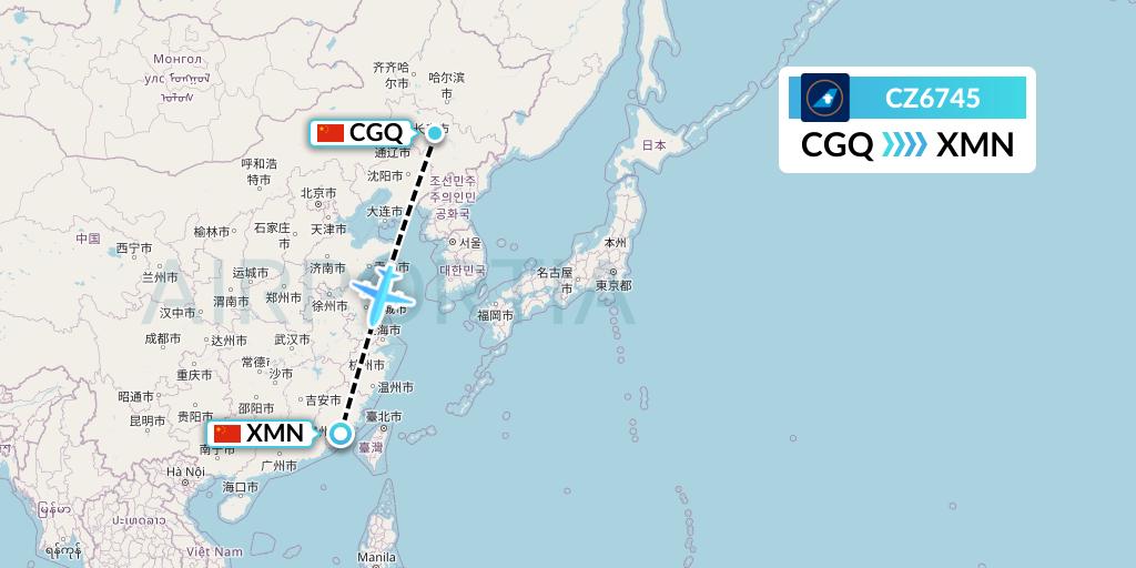 CZ6745 China Southern Airlines Flight Map: Changchun to Xiamen