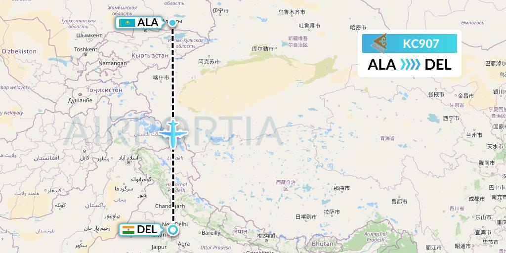 KC907 Air Astana Flight Map: Almaty to Delhi