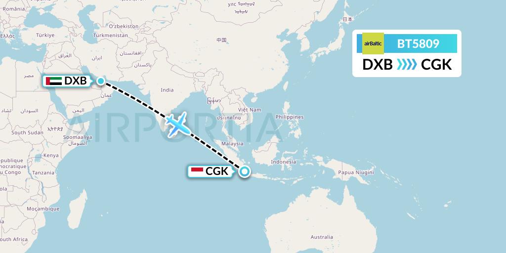 BT5809 Air Baltic Flight Map: Dubai to Jakarta