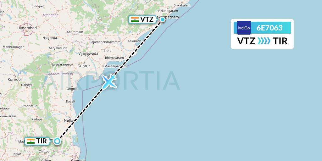 6E7063 IndiGo Airlines Flight Map: Visakhapatnam to Tirupati