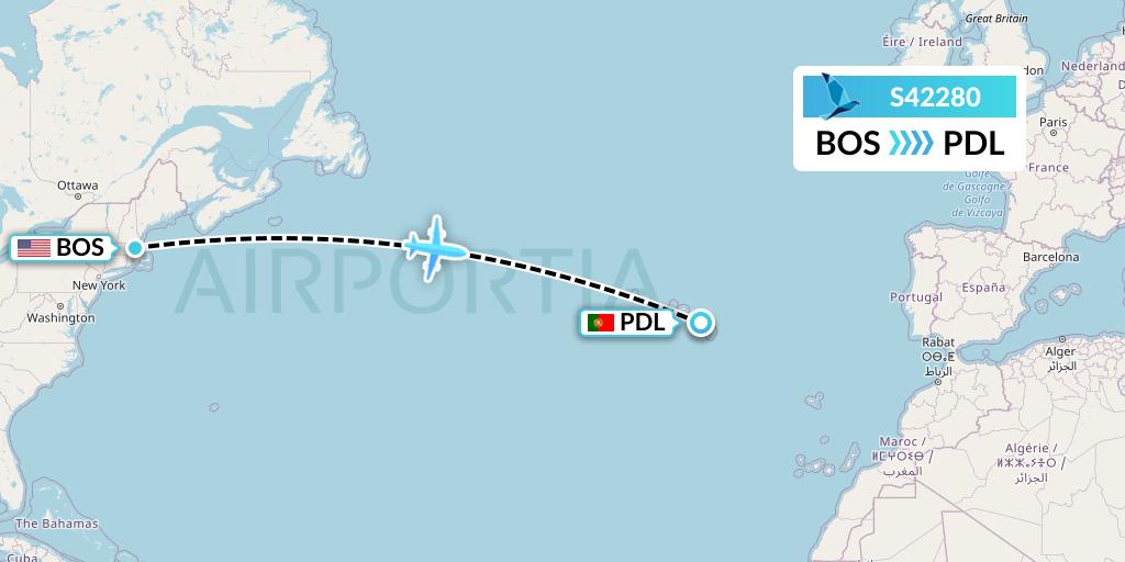 S42280 Azores Airlines Flight Map: Boston to Ponta Delgada