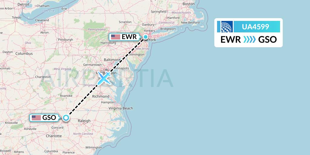 UA4599 United Airlines Flight Map: New York to Greensboro