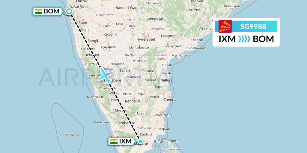 SG9988 SpiceJet Flight Map: Madurai to Mumbai
