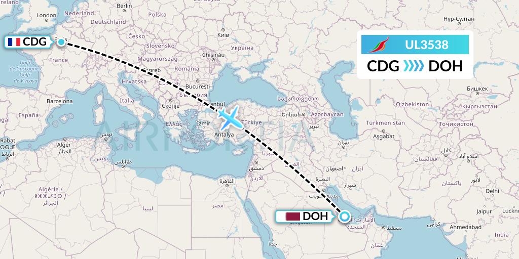 UL3538 SriLankan Airlines Flight Map: Paris to Doha