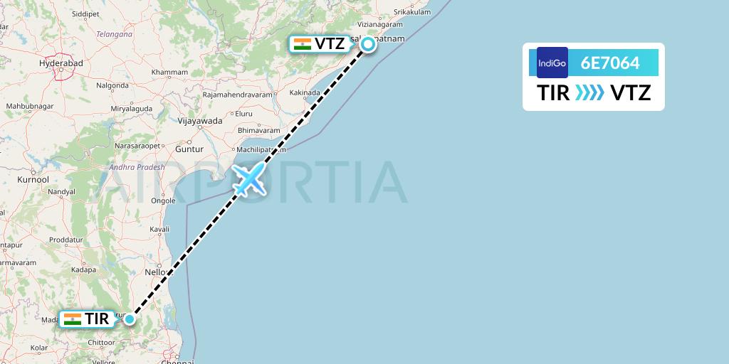 6E7064 IndiGo Airlines Flight Map: Tirupati to Visakhapatnam