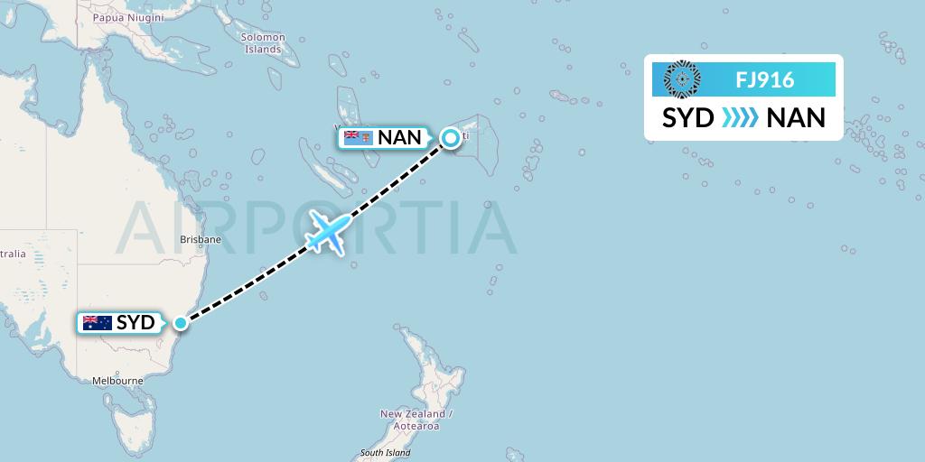 FJ916 Fiji Airways Flight Map: Sydney to Nadi