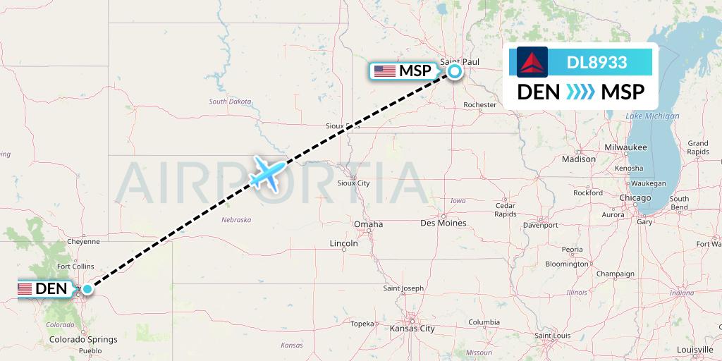 DL8933 Delta Air Lines Flight Map: Denver to Minneapolis