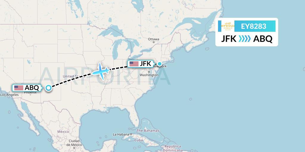 EY8283 Etihad Airways Flight Map: New York to Albuquerque