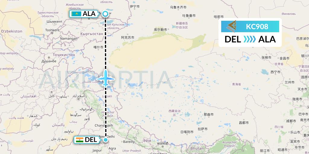 KC908 Air Astana Flight Map: Delhi to Almaty