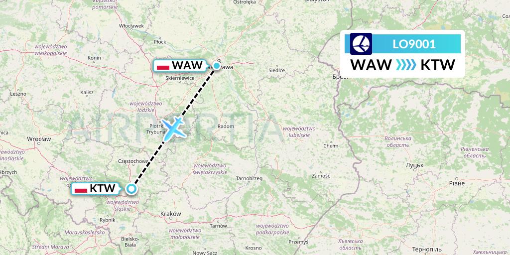LO9001 LOT Flight Map: Warsaw to Katowice