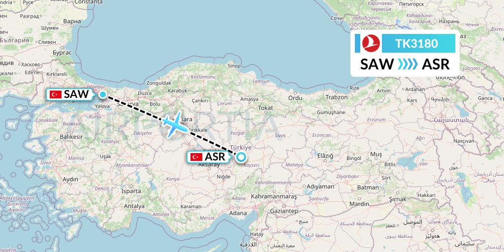 TK3180 Turkish Airlines Flight Map: Istanbul to Kayseri