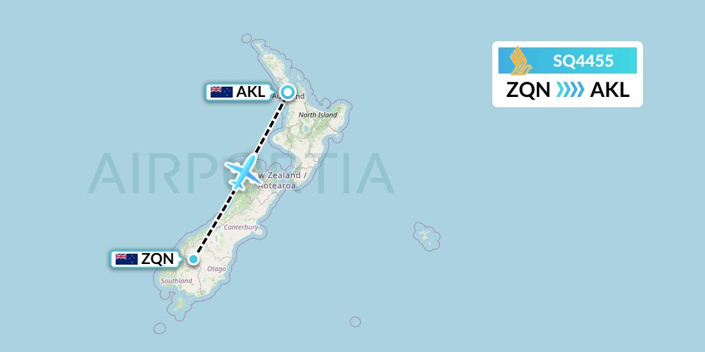 SQ4455 Singapore Airlines Flight Map: Queenstown to Auckland