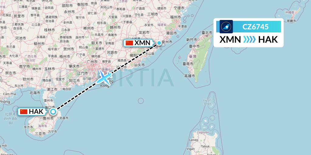 CZ6745 China Southern Airlines Flight Map: Xiamen to Haikou