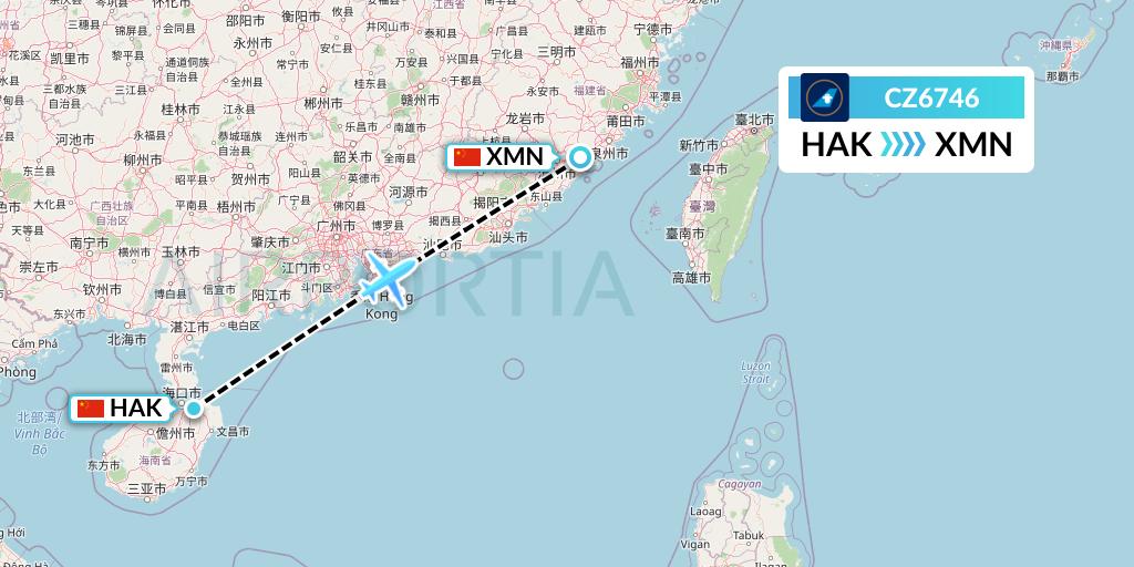 CZ6746 China Southern Airlines Flight Map: Haikou to Xiamen