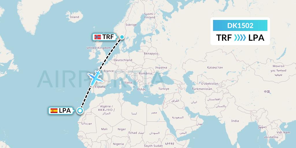DK1502 Thomas Cook Airlines Scandinavia Flight Map: Oslo to Las Palmas