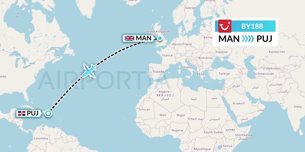 BY188 TUI Airways Flight Map: Manchester to Punta Cana