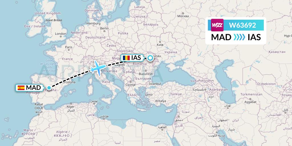 W63692 Wizz Air Flight Map: Madrid to Iasi