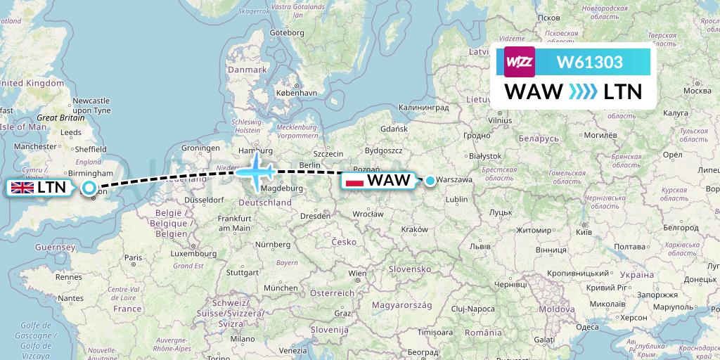 W61303 Wizz Air Flight Map: Warsaw to London
