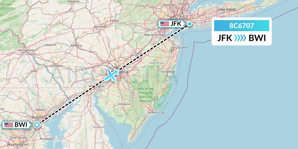 8C6707 Air Transport International Flight Map: New York to Baltimore
