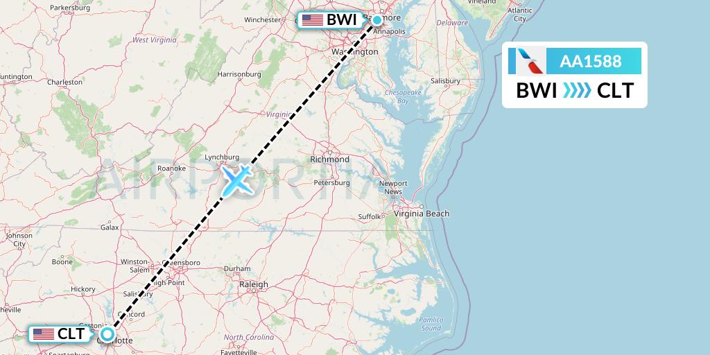 AA1588 American Airlines Flight Map: Baltimore to Charlotte
