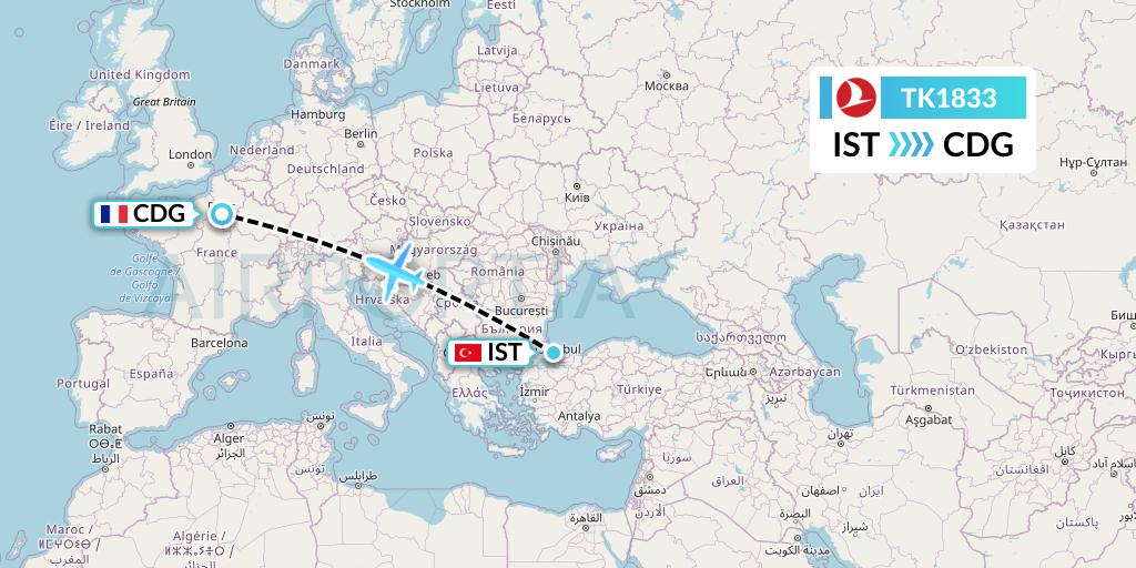 TK1833 Turkish Airlines Flight Map: Istanbul to Paris