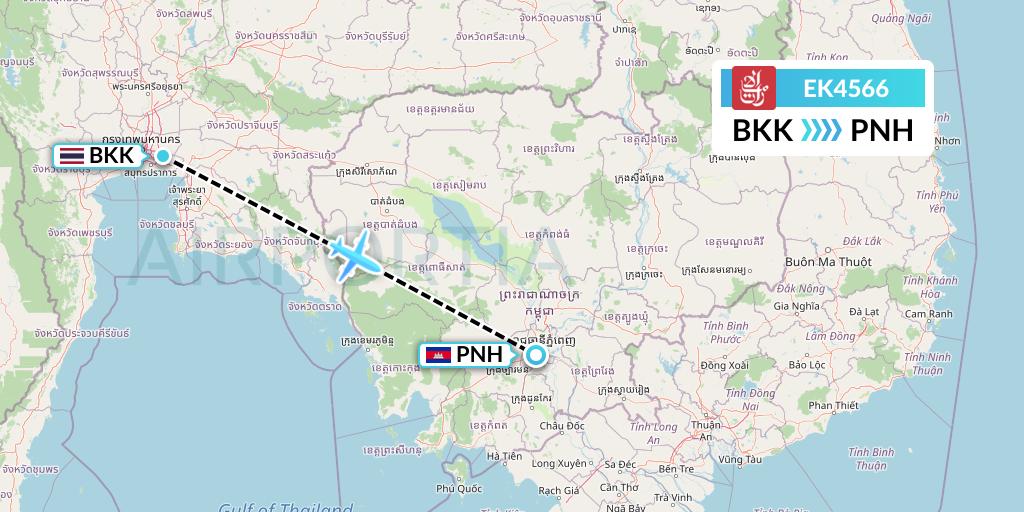 EK4566 Emirates Flight Map: Bangkok to Phnom Penh
