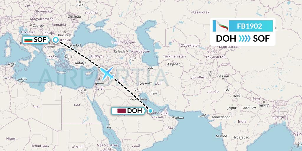 FB1902 Bulgaria Air Flight Map: Doha to Sofia