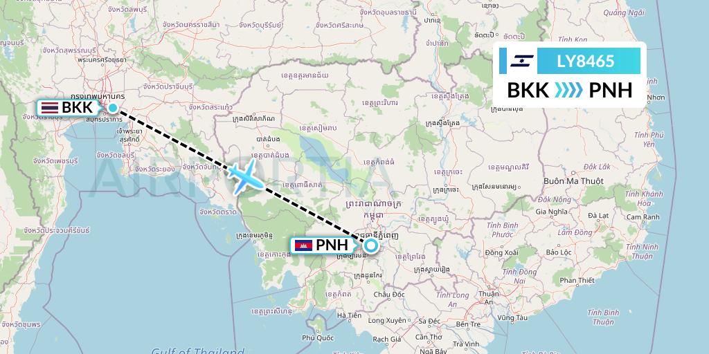 LY8465 El Al Flight Map: Bangkok to Phnom Penh