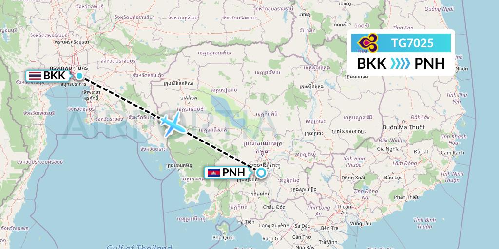 TG7025 Thai Airways Flight Map: Bangkok to Phnom Penh
