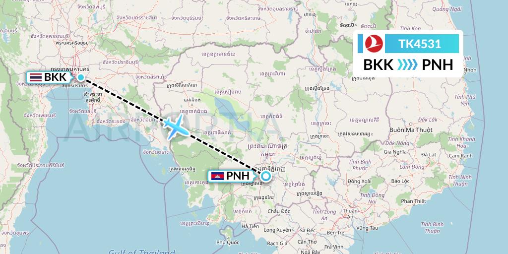 TK4531 Turkish Airlines Flight Map: Bangkok to Phnom Penh