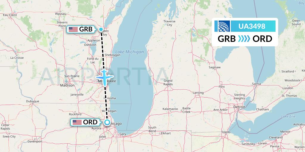 UA3498 United Airlines Flight Map: Green Bay to Chicago