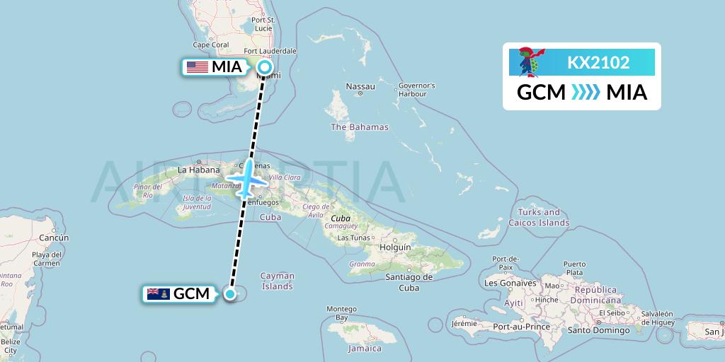 KX2102 Cayman Airways Flight Map: George Town to Miami