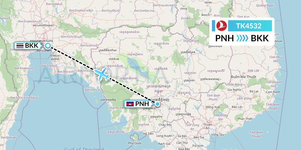 TK4532 Turkish Airlines Flight Map: Phnom Penh to Bangkok