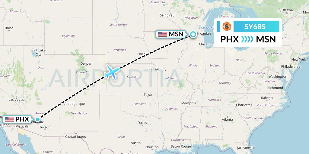 SY685 Sun Country Airlines Flight Map: Phoenix to Madison