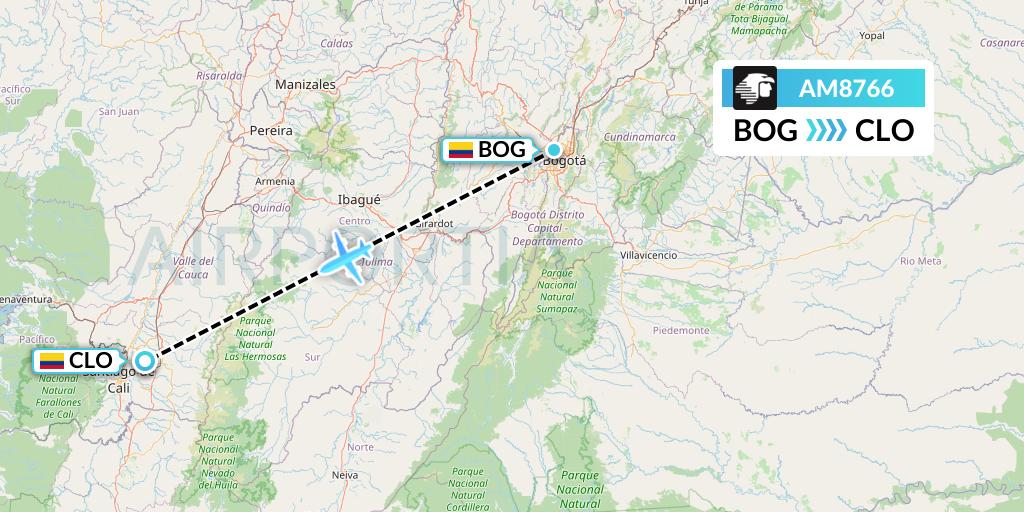 AM8766 Aeromexico Flight Map: Bogota to Cali