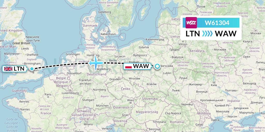 W61304 Wizz Air Flight Map: London to Warsaw