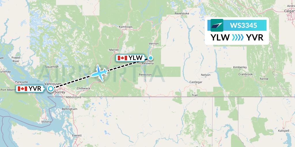 WS3345 WestJet Flight Map: Kelowna to Vancouver