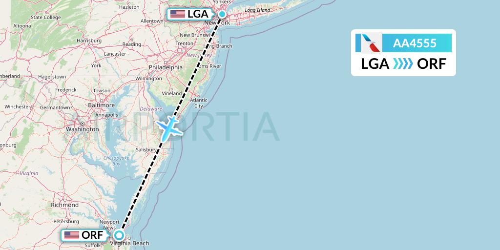 AA4555 American Airlines Flight Map: New York to Norfolk