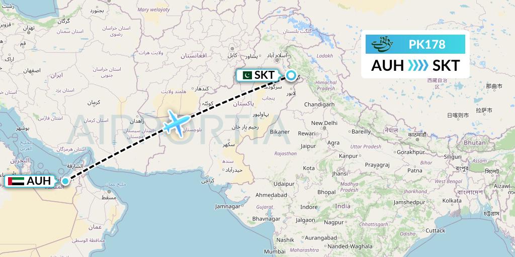 PK178 Pakistan International Airlines Flight Map: Abu Dhabi to Sialkot