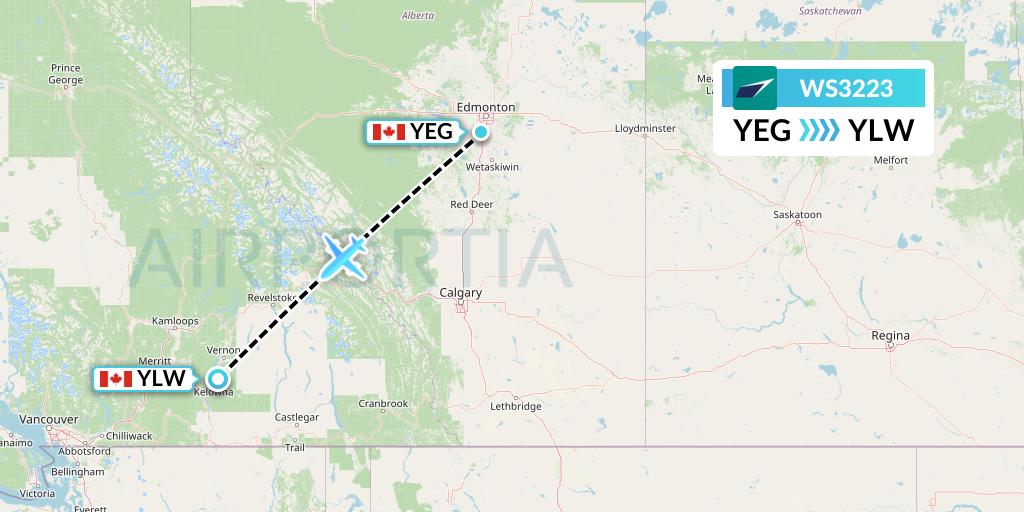 WS3223 WestJet Flight Map: Edmonton to Kelowna