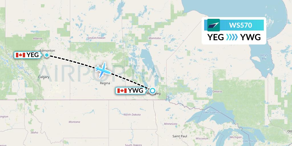 WS570 WestJet Flight Map: Edmonton to Winnipeg